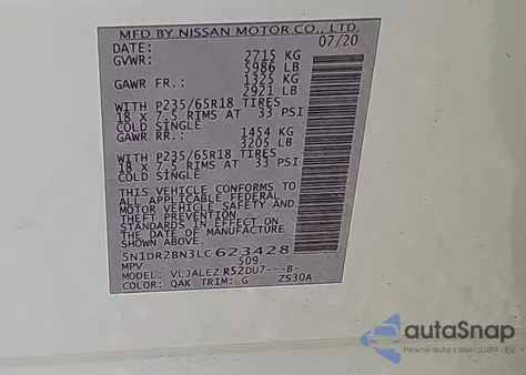 2020 Nissan Pathfinder Sv 2Wd z USA, uszkodzony, nr VIN 5N1DR2BN3LC623428